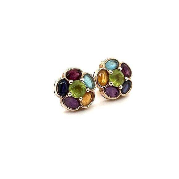 925 Gold Multicolor Stones Stud Earrings - Picture 2 of 7